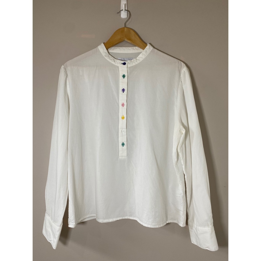 The Shirt Rochelle Behrens XXL White Cotton‎ Rainbow Button Band Collar Blouse